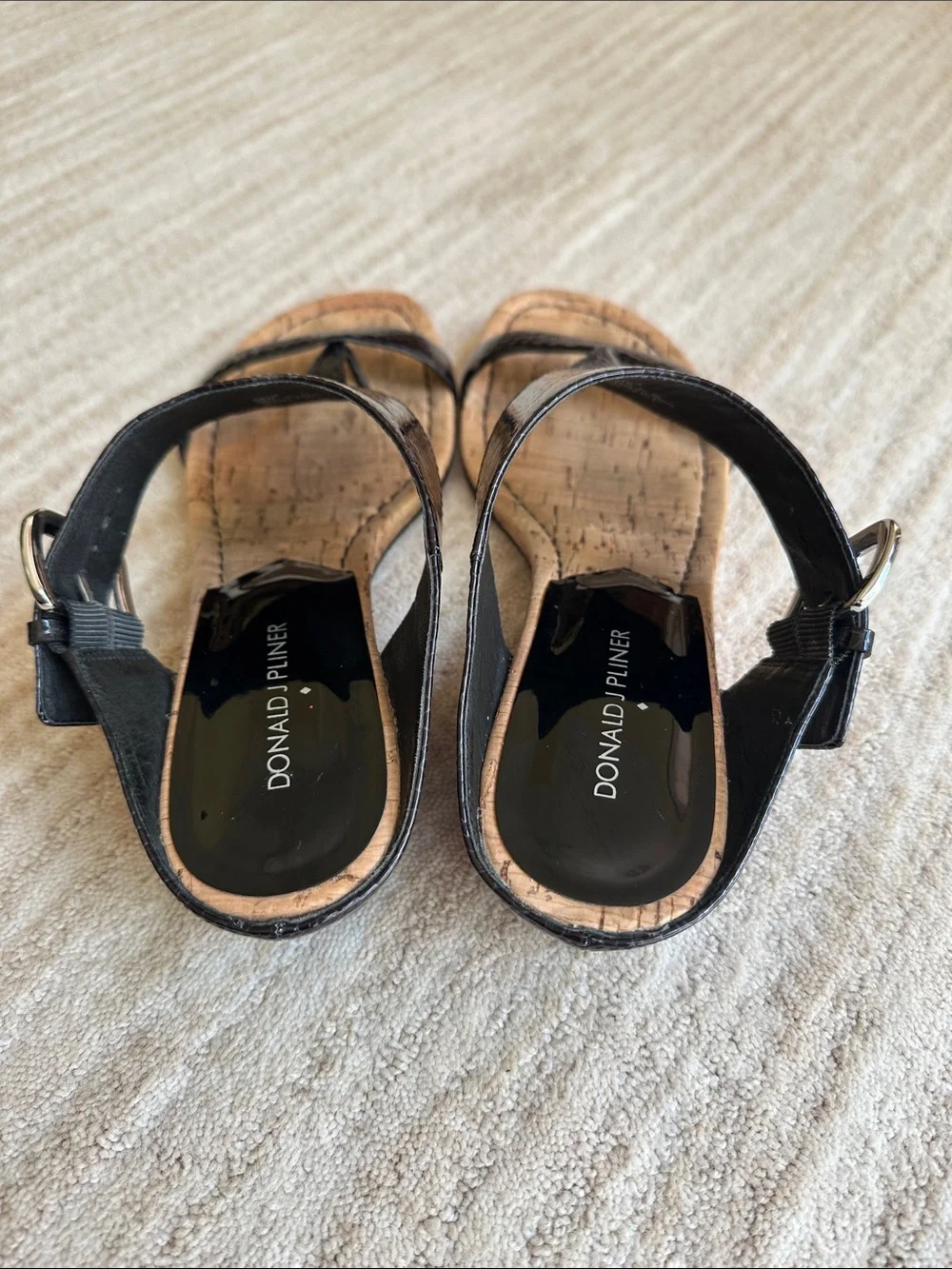 Donald J Pliner Doli Leather Buckle Cork Wedge Sandals Shoes Black Patent 9.5